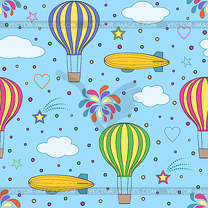Air balloons and airships on blue sky - vector clip art
