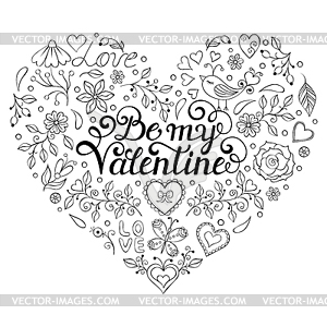 Valentines card with hearts,birds,flowers - vector clip art