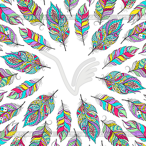 Card with colorful feathers - vector image