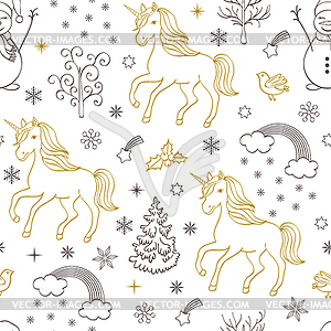 Pattern with unicorns,trees,birds,snowmen - vector image