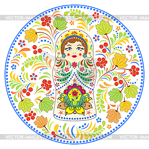 Russian doll matryoshka and abstract flowers - color vector clipart