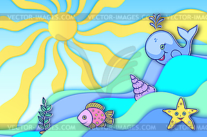 Ocean animals float on waves - stock vector clipart