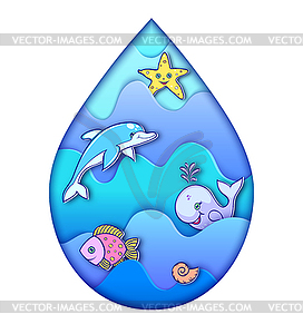 Water drop with ocean animals - vector image