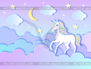 Unicorn, clouds,moon and stars - vector clipart