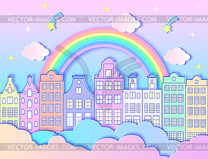 City, rainbow,stars, and clouds - vector clip art