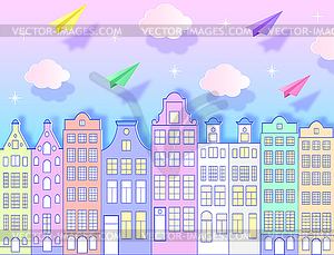 Building, airplanes,sky and clouds - vector clipart