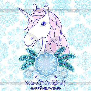 Unicorn with big snowflake - vector image