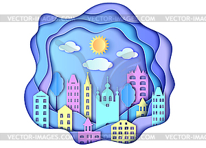 City,sun and clouds - vector image