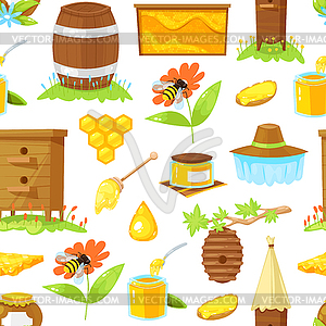 Pattern of cartoon elements of beekeeping - royalty-free vector image