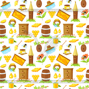 Pattern of cartoon elements of beekeeping - vector image