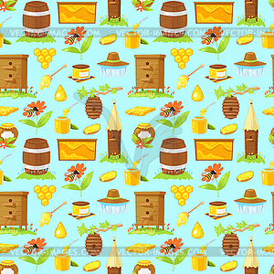 Pattern of cartoon elements of beekeeping - vector clipart