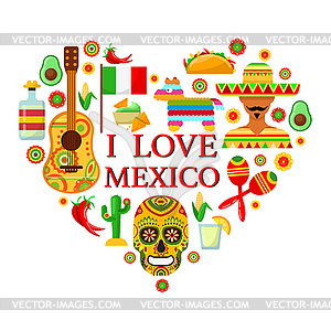 Mexican attributes in shape of heart - royalty-free vector clipart