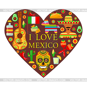 Mexican attributes in shape of heart - vector image