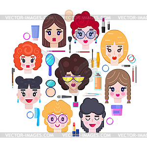 With girls faces and cosmetics - vector clip art