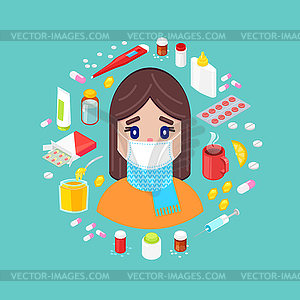 Sick girl with different drugs - vector image