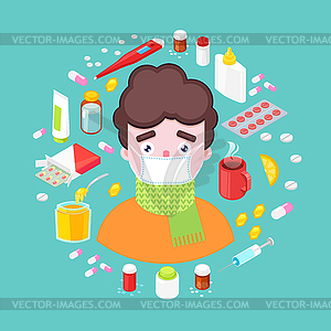 Sick boy with drugs - vector clip art