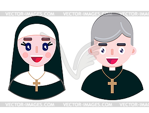 Cheerful priest and happy nun - vector clipart