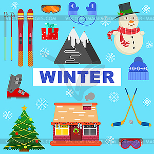 Winter objects on blue background - vector clipart