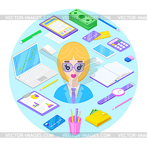 Businesswoman and office stationary - vector clip art