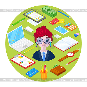 Businesswoman and office stationary - vector image