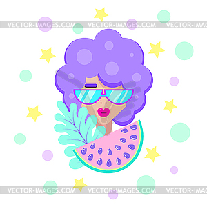 Modern girl with leaf and watermelon - vector clip art