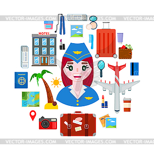 Stewardess and travel objects - vector clip art