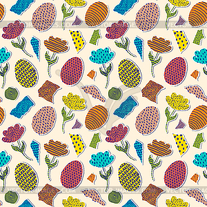 Pattern with paper tulips, eggs - vector clip art