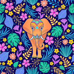 Orange elephant and tropical flowers - royalty-free vector image