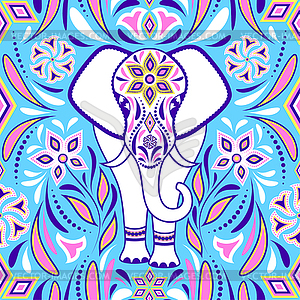 Elephant and abstract flowers - vector image