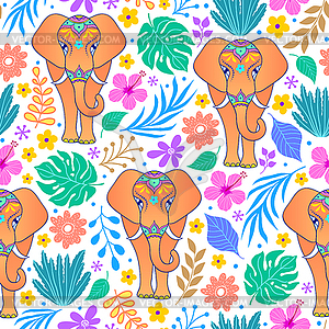 Elephants and tropical flowers - vector image