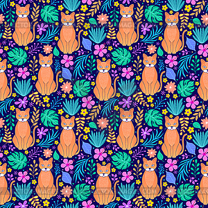 Cats and tropical flowers - vector clip art