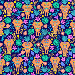 Elephants and tropical flowers - vector clipart