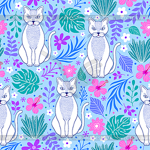 Cats and tropical flowers - vector image