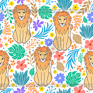 Lions and tropical flowers - vector clipart