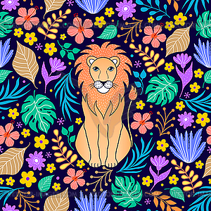 Lion and tropical flowers - vector clipart