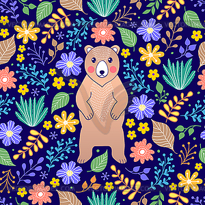 Медведь и цветы - векторное графическое изображение