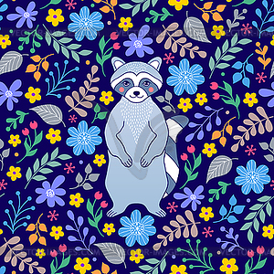 Pattern with raccoon and flowers - vector image