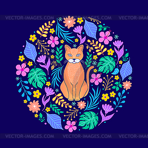 Cat and flowers on dark background - vector clipart