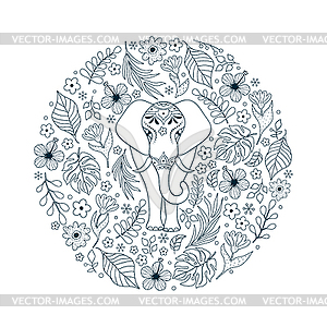 Elephant and tropical flowers - vector clipart