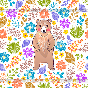 Pattern with bear and flowers - vector image