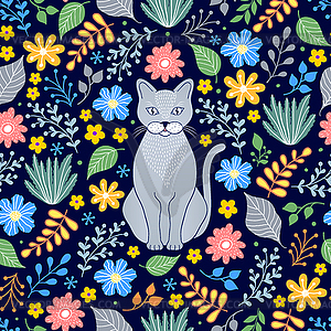 Pattern with cat and flowers - vector clipart