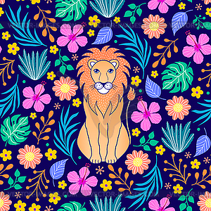 Lion and tropical flowers on dark background - vector clip art