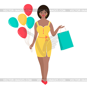 Женщина с воздушными шарами и подарочной сумкой - стоковое векторное изображение