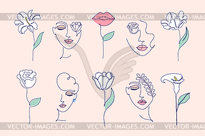 Цветы и женские лица - цветной векторный клипарт