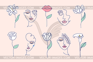 Flowers and women faces - color vector clipart