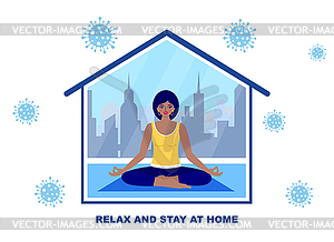 Woman meditates at home - vector image