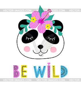 Panda with floral wreath - vector clipart