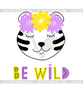 Panda with floral wreath - vector clipart