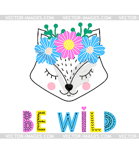 Fox with floral wreath - vector image