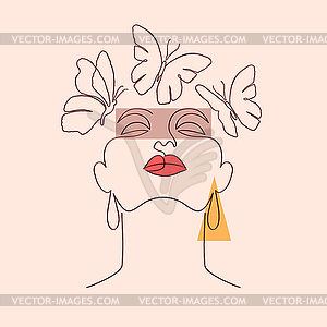 Woman face with butterflies and geometric shapes - vector image